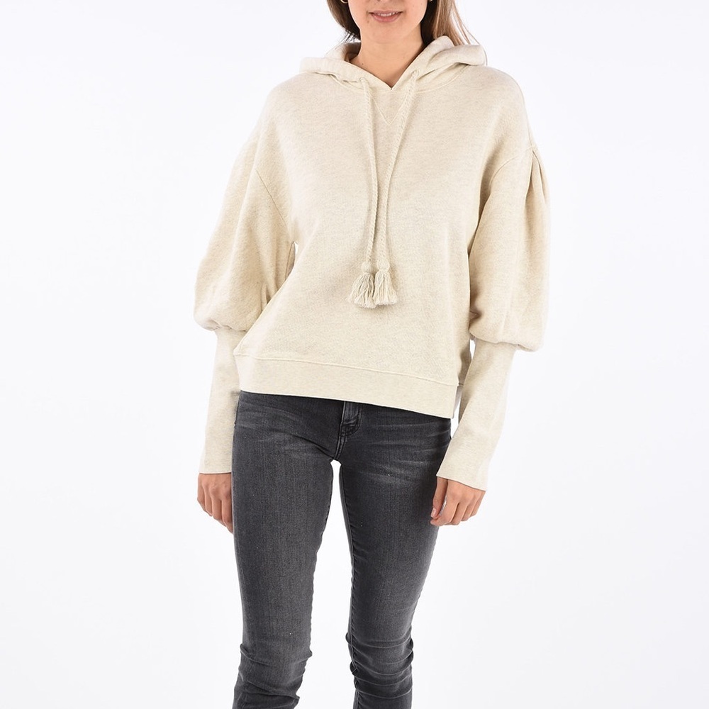 Ulla Johnson Oat Beige Cotton Tassel Drawstring Hoodie Sweatshirt